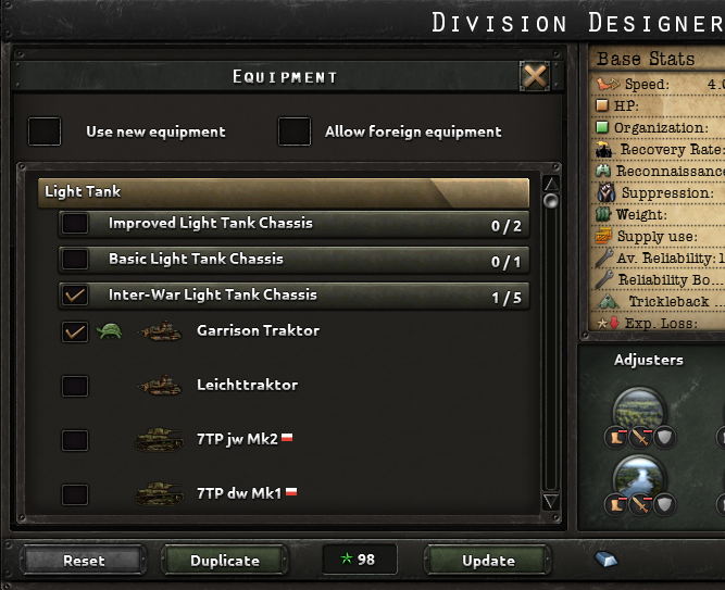 Equipment settings of divison